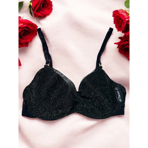 Adore Me 32DD Bra Black Gold Shimmer Plunge Underwire Back Closure - Picture 1 of 13
